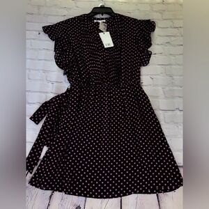 DR2 Nordstrom Pink Polka Dot Ruffle Sleeve Mini Dress PM Petite Medium NWT